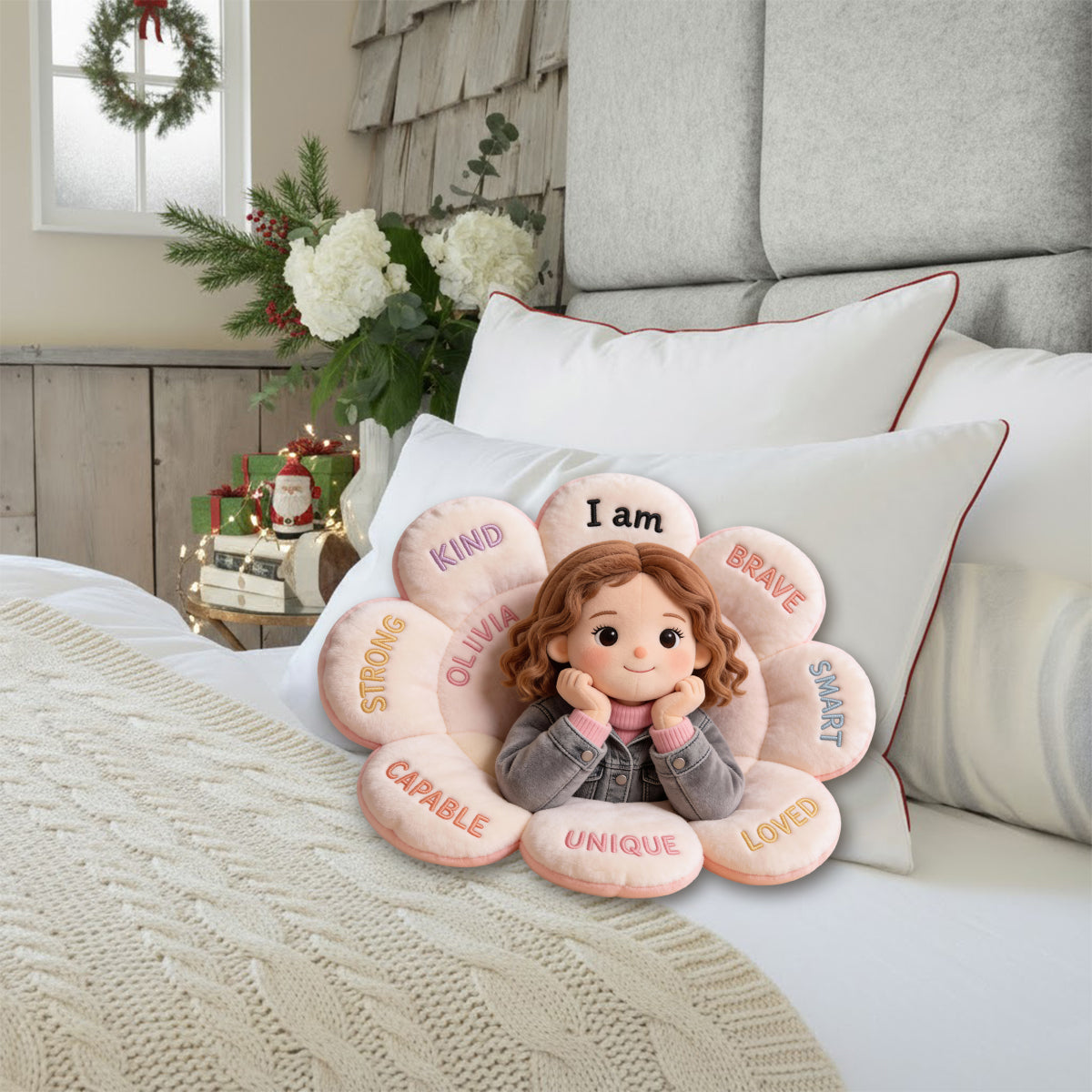 Personalized Little Girl Affirmation Faux Fur Shaped Pillow, Custom Gift for Daughter Granddaughter Niece