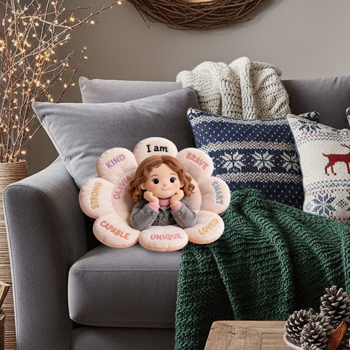 Personalized Little Girl Affirmation Faux Fur Shaped Pillow, Custom Gift for Daughter Granddaughter Niece