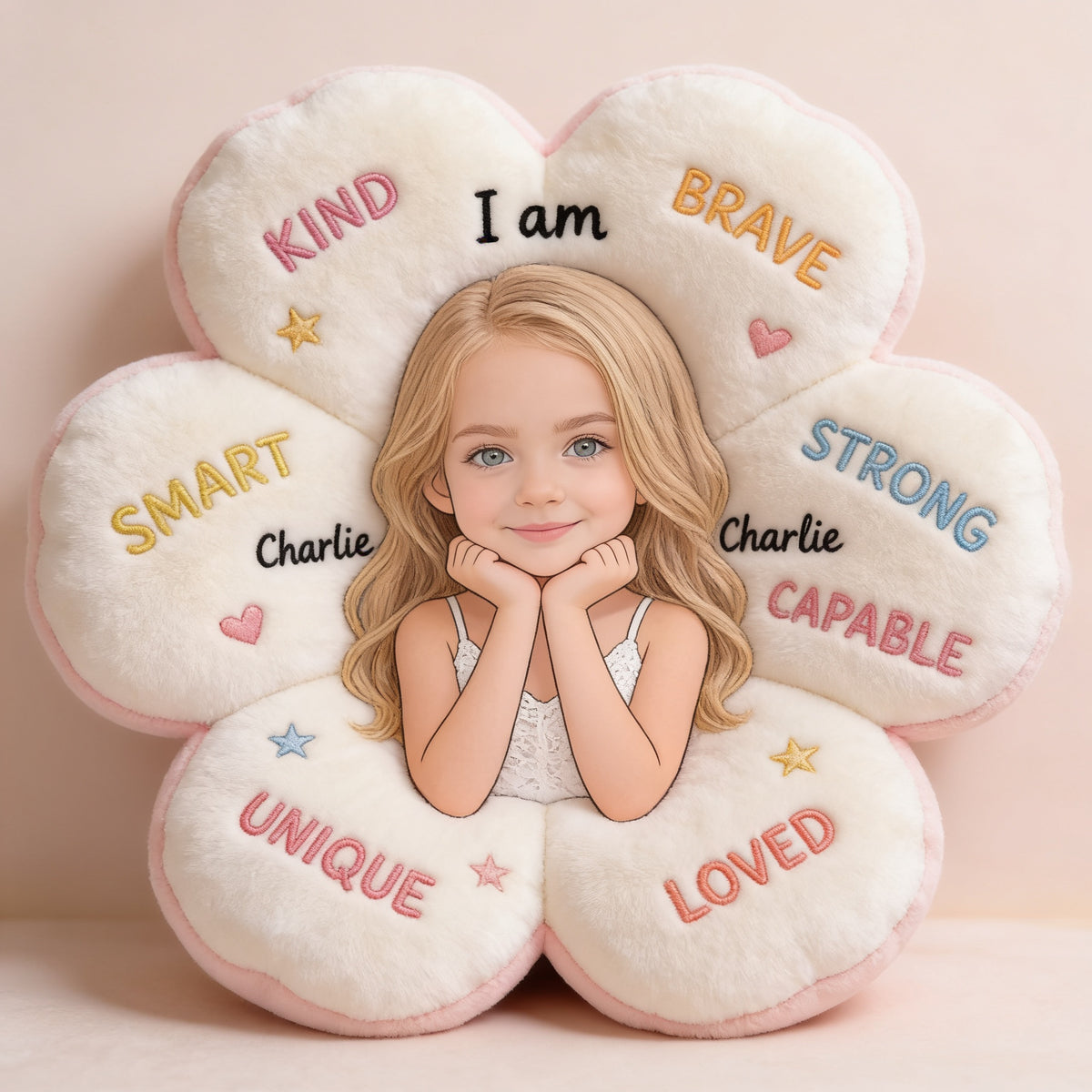 Personalized Little Girl Affirmation Faux Fur Shaped Pillow, Custom Gift for Daughter Granddaughter Niece