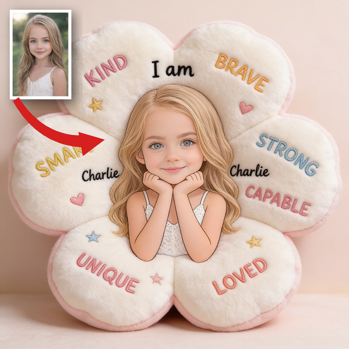 Personalized Little Girl Affirmation Faux Fur Shaped Pillow, Custom Gift for Daughter Granddaughter Niece