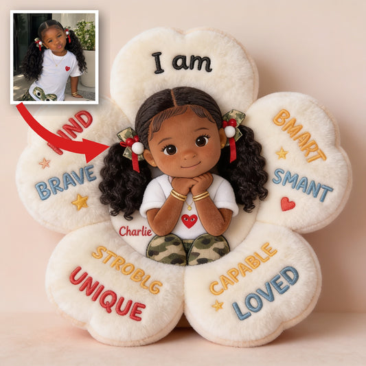 Personalized Black Little Girl Affirmation Faux Fur Shaped Pillow