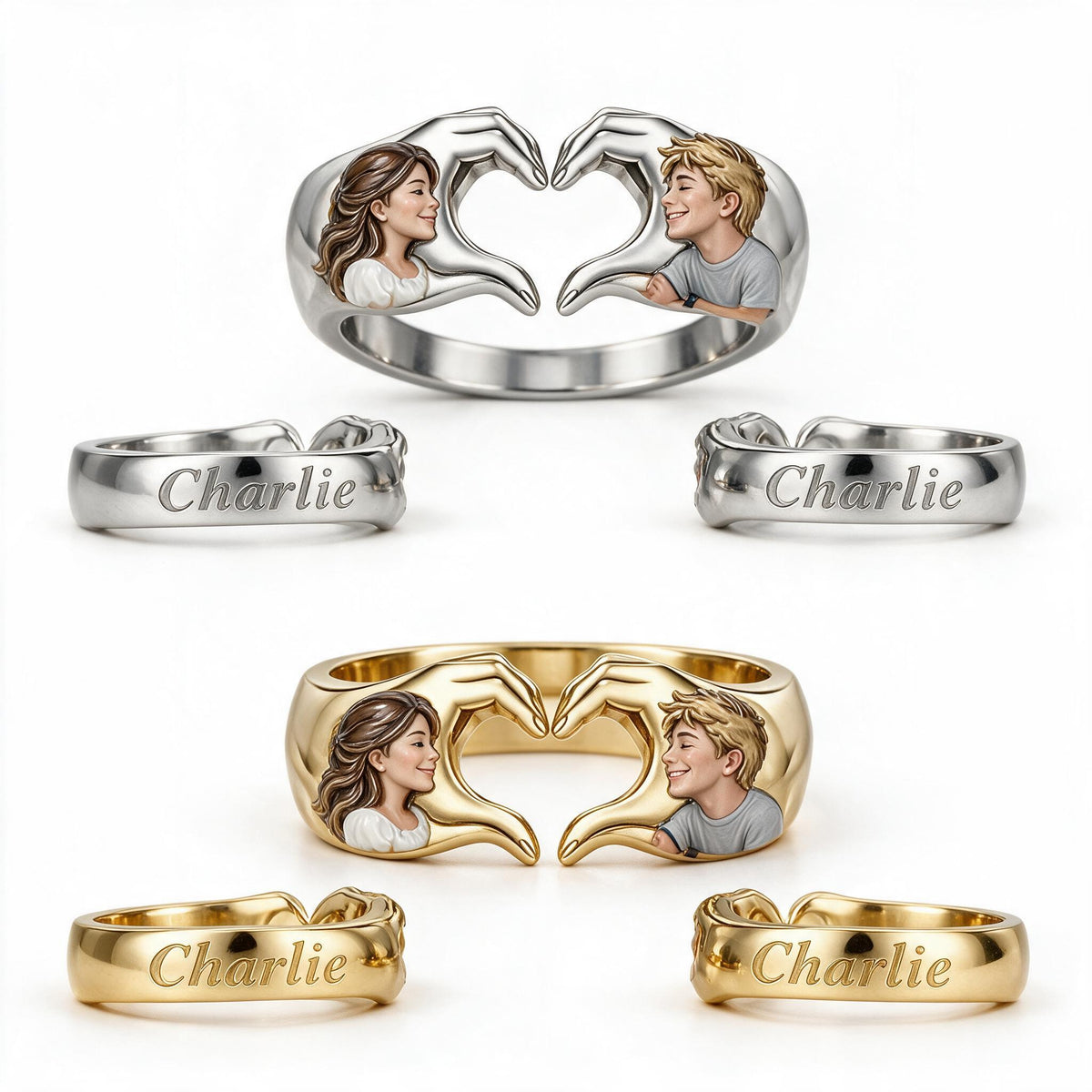 Personalized Anniversary Couple Hand Heart Adjustable Ring Husband Wife Gift