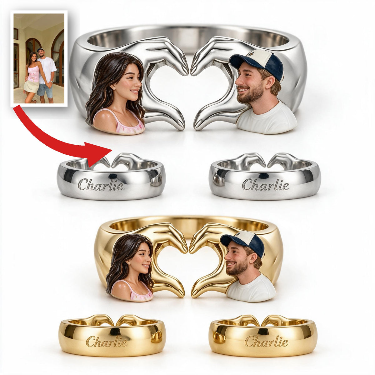 Personalized 5th Anniversary Latino Couple Hand Heart Adjustable Ring
