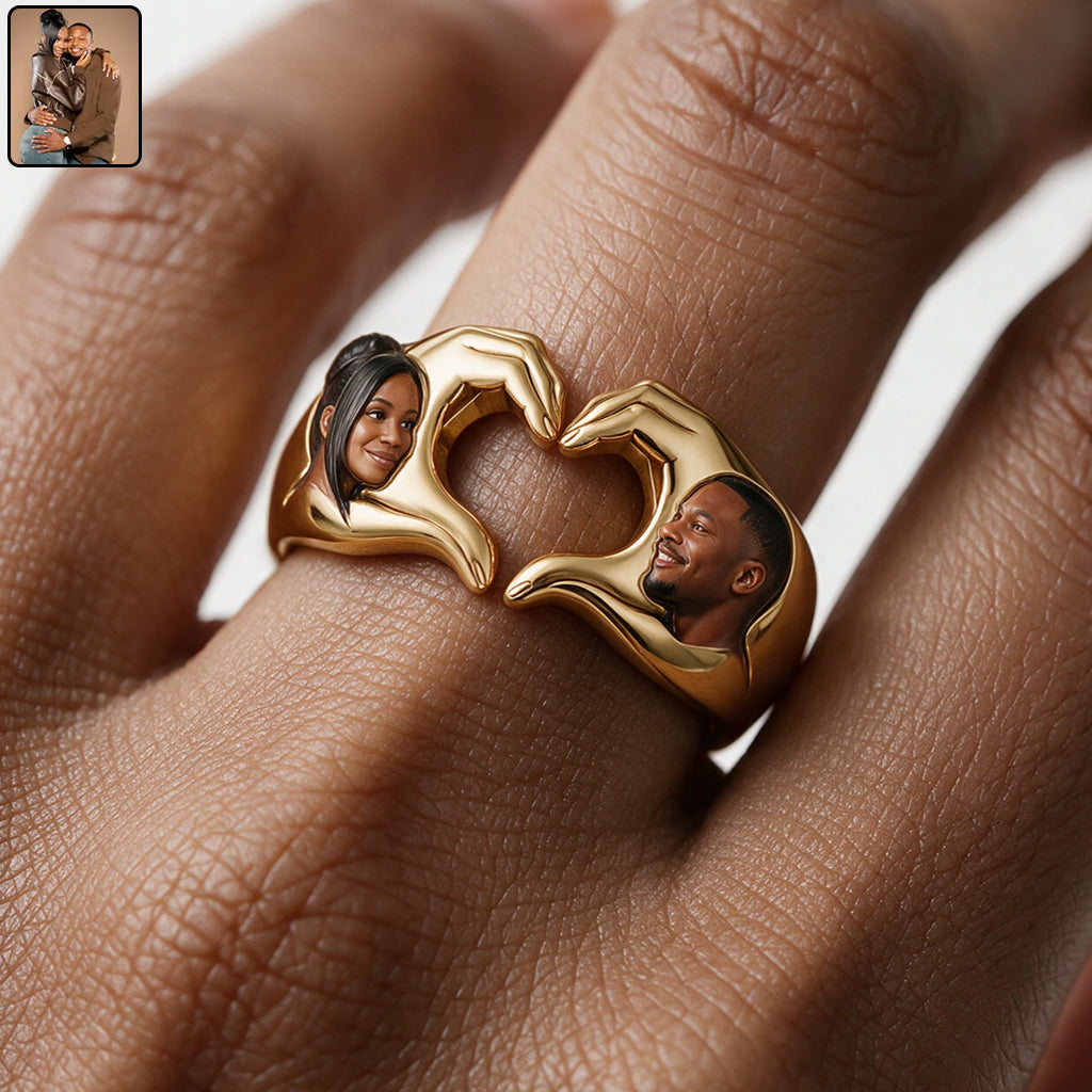 Personalized 5th Anniversary Latino Couple Hand Heart Adjustable Ring
