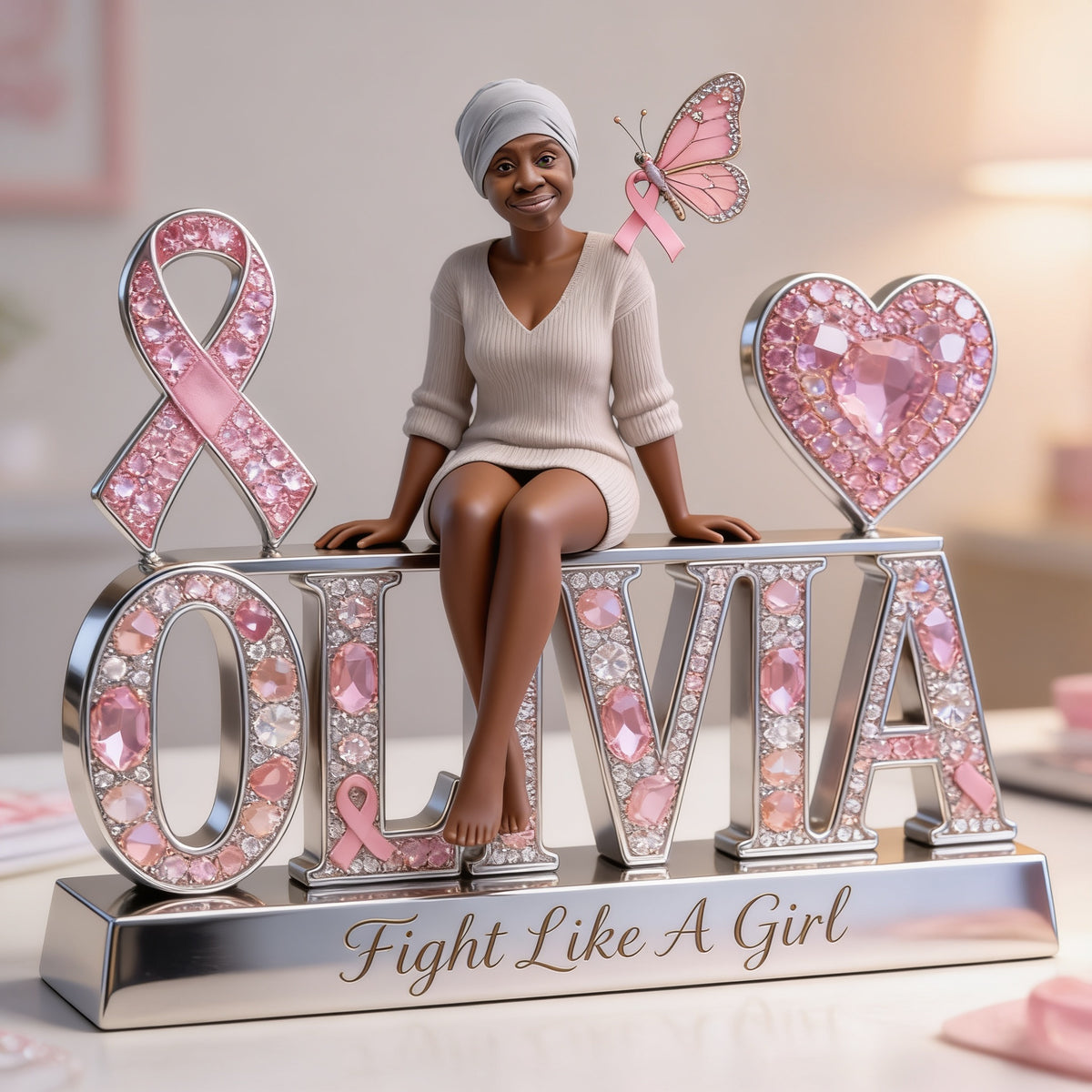 Custom Photo Breast Cancer Awareness Middle-Aged Black Breast Cancer Woman Shaped Acrylic Plaque