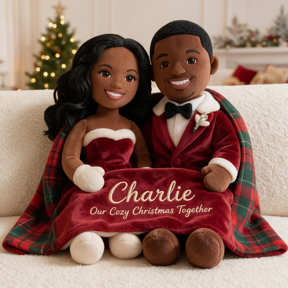 Personalized Christmas Black Couple Premium Faux Fur Pillow Wedding Gift