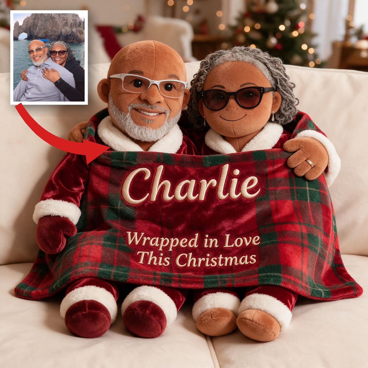 Personalized Christmas Middle-Aged Black Couple Faux Fur Pillow Gift