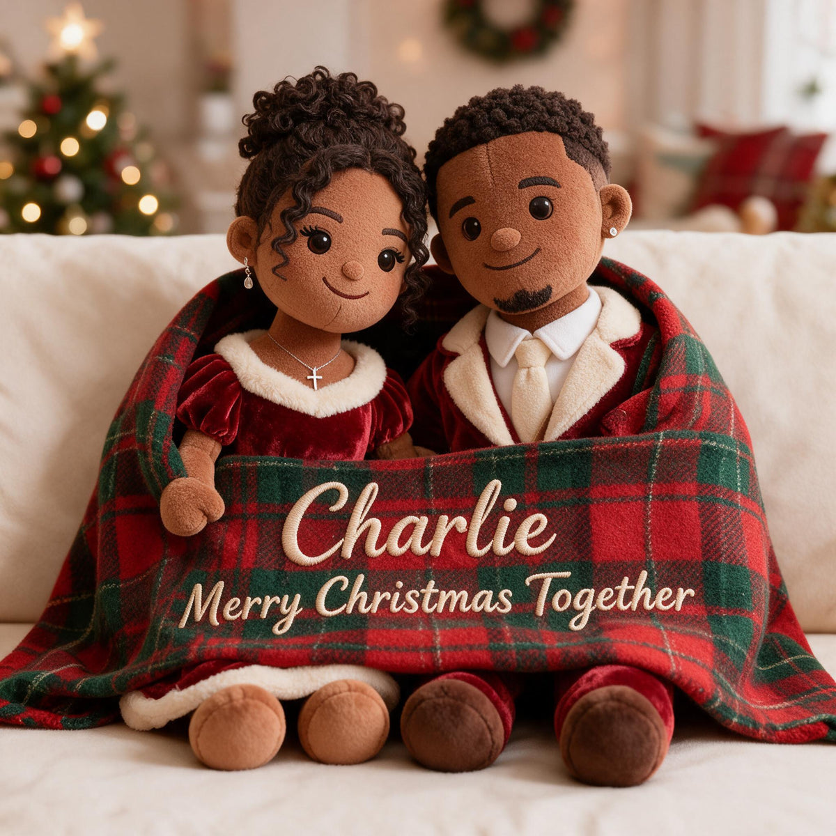 Personalized Christmas Latino Couple Faux Fur Pillow Holiday Couple Gift