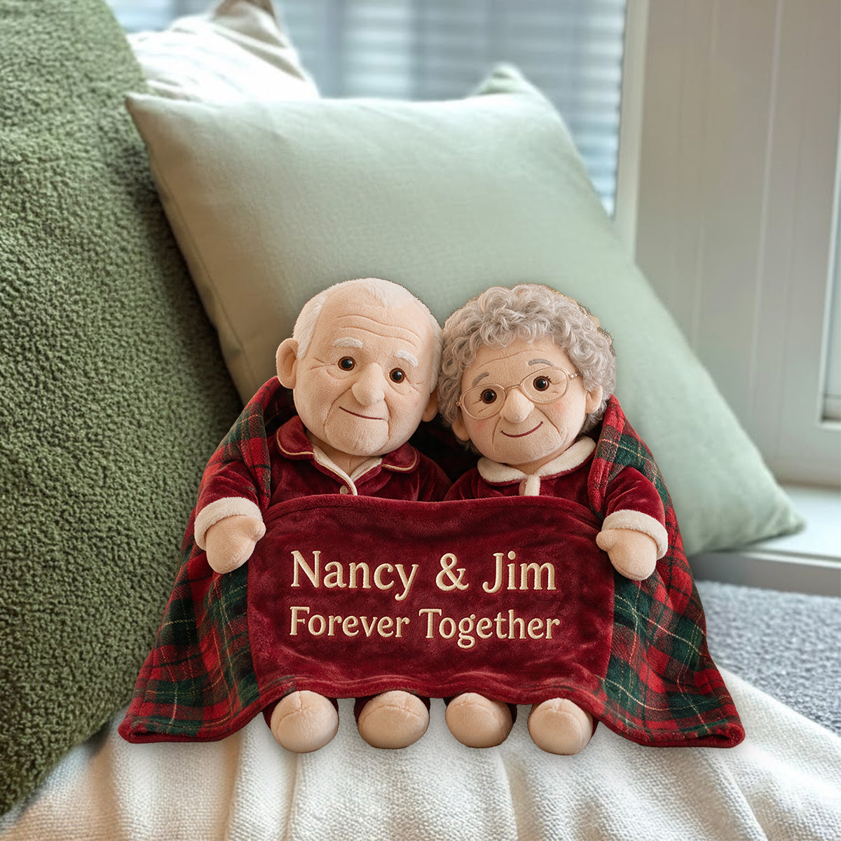 Personalized Christmas Middle-Aged Couple Faux Fur Pillow, Custom Holiday Couple Gift