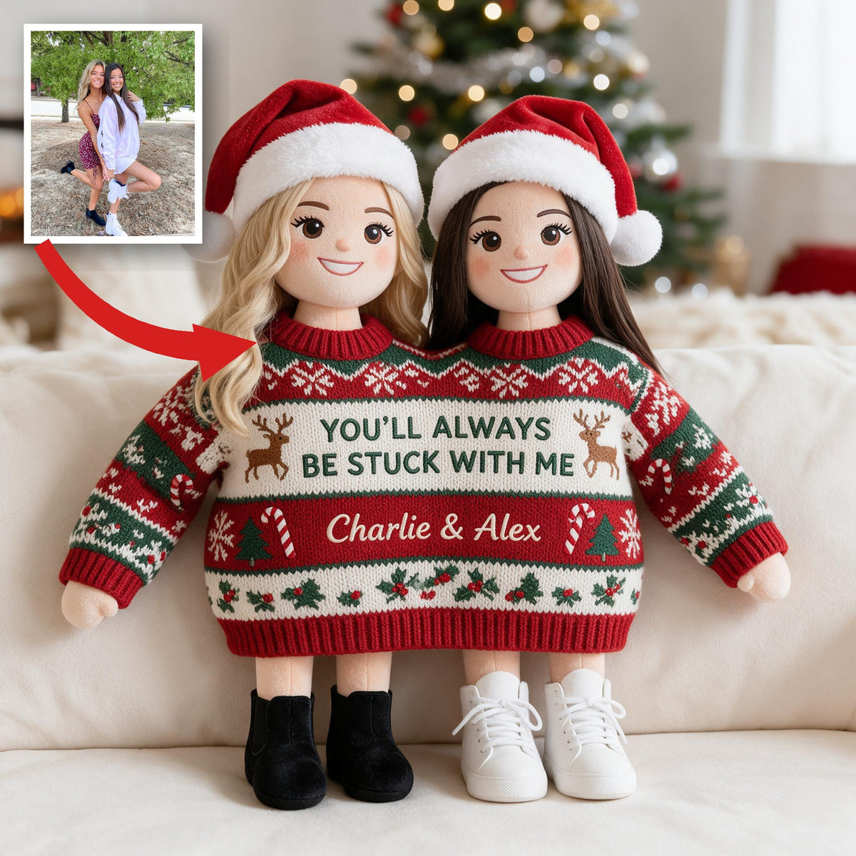 Custom Photo Christmas Lesbian Couple Faux Fur Pillow LGBT Couple Holiday Gift