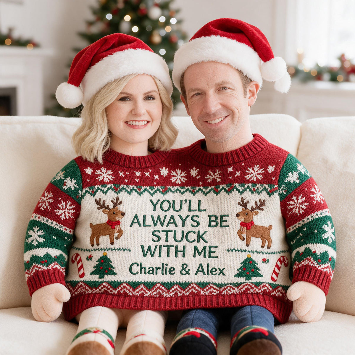 Custom Photo Christmas Middle-Aged Couple Faux Fur Pillow, Husband Wife Personalized Home Gift