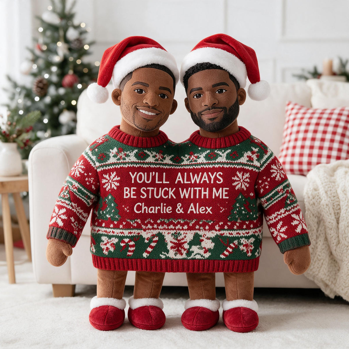 Custom Photo Christmas Black Gay Couple Faux Fur Pillow LGBT Couple Gift