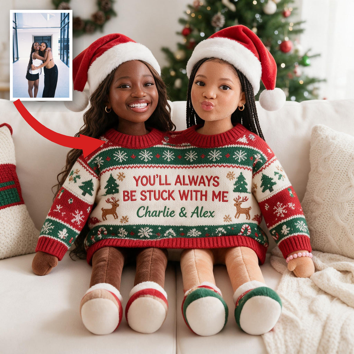 Custom Photo Christmas Black Lesbian Couple Faux Fur Pillow, LGBT Couple Holiday Gift