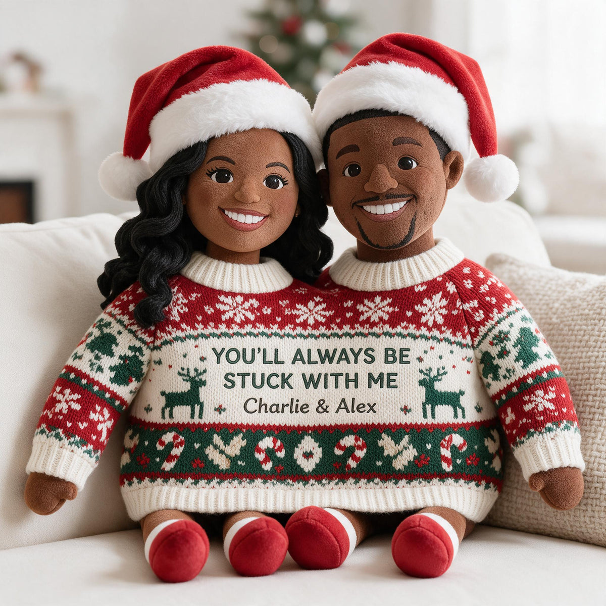 Custom Photo Christmas Black Couple Faux Fur Pillow, Wedding Couple Gift