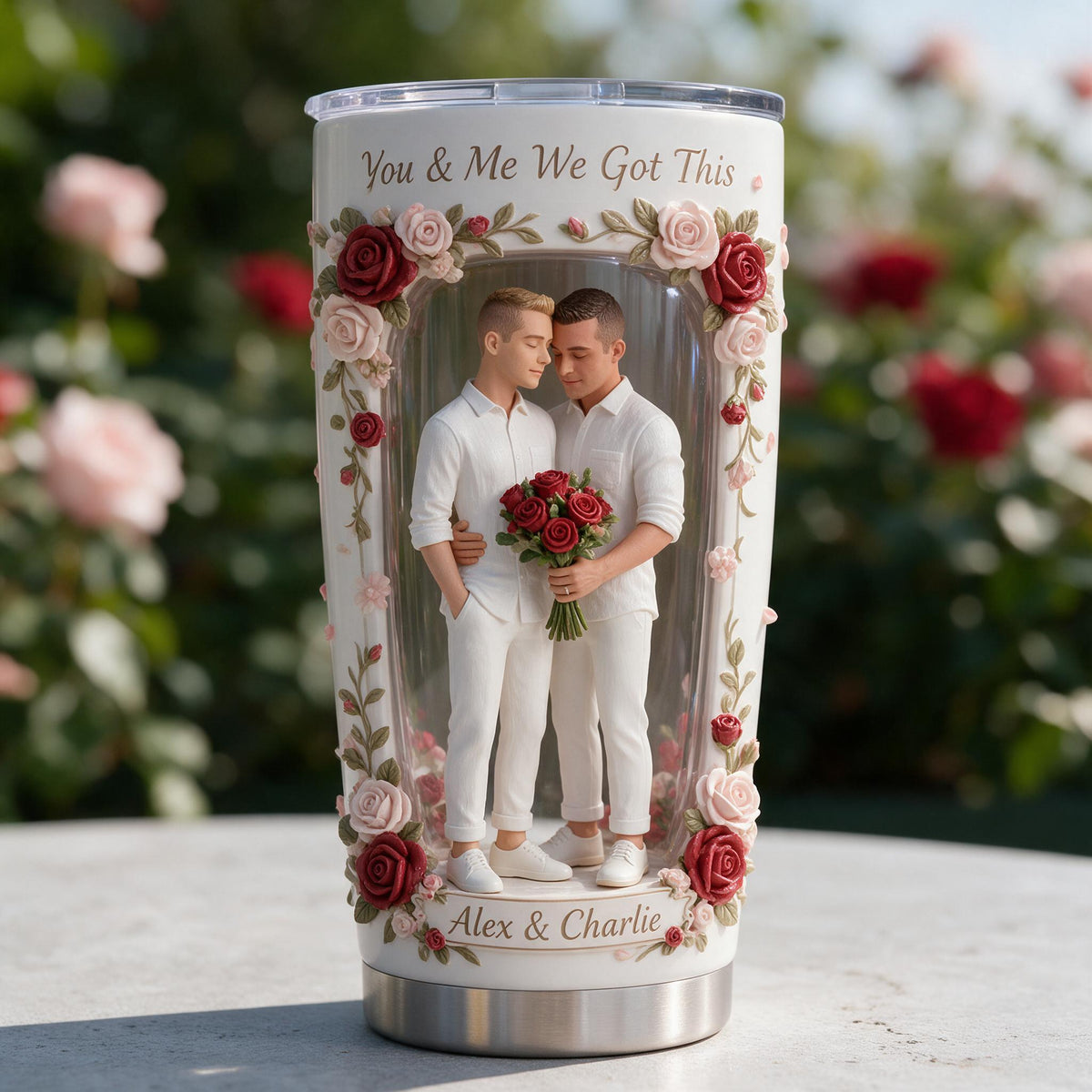 Custom Photo Gay Couple Floral Tumbler, LGBT Couple Gift