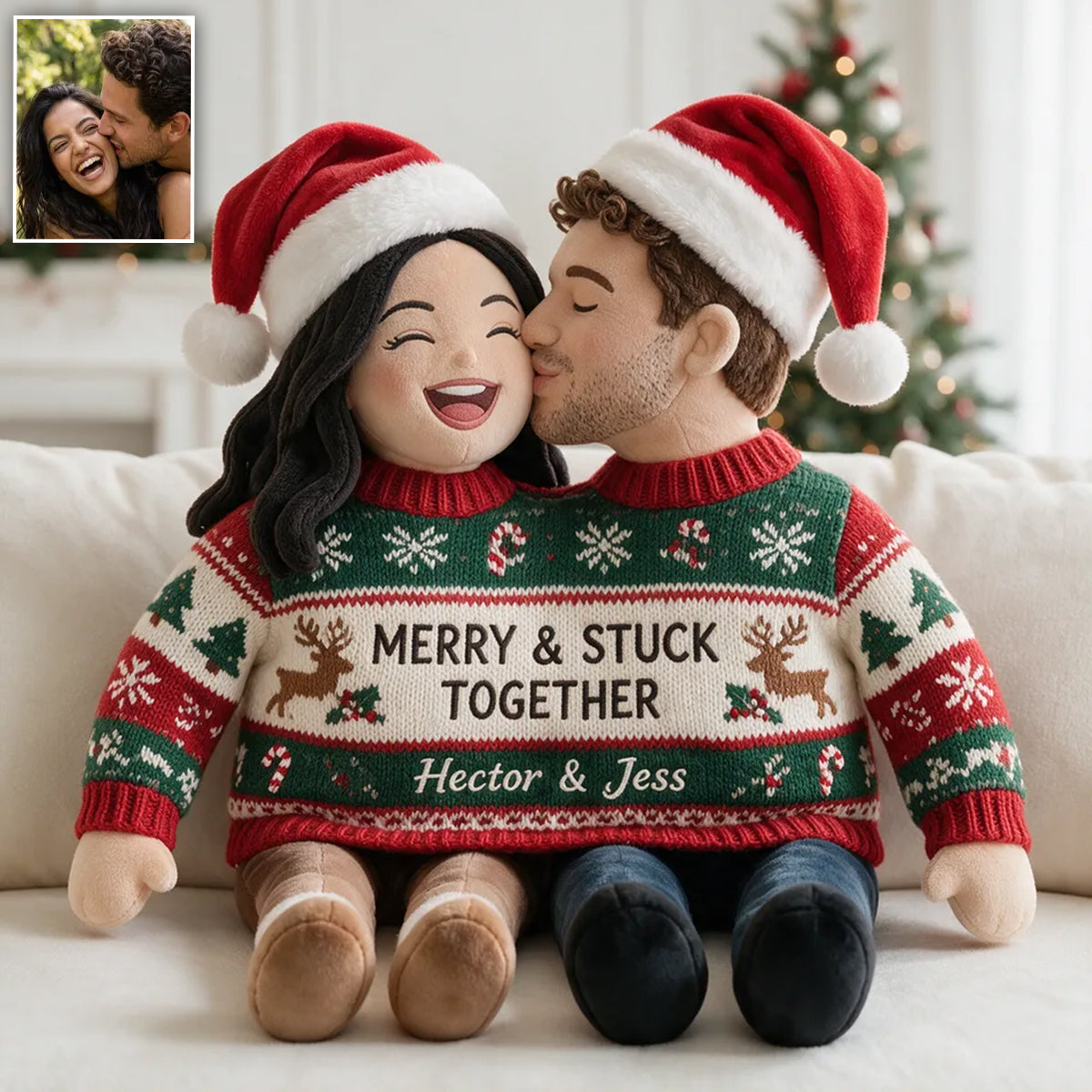 Custom Photo Christmas Wedding Couple Faux Fur Pillow, Unique Couple Holiday Gift