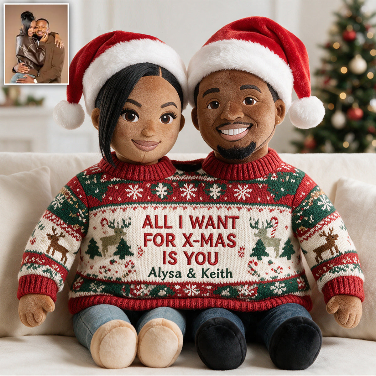 Custom Photo Christmas Black Lesbian Couple Faux Fur Pillow, LGBT Couple Holiday Gift
