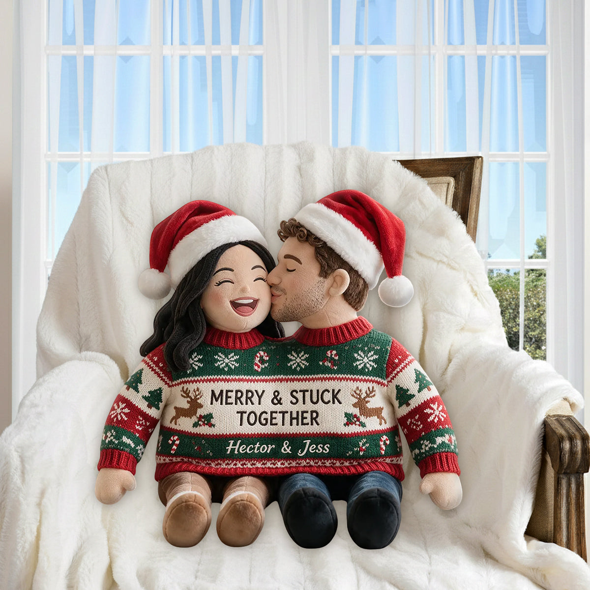 Custom Photo Christmas Gay Couple Faux Fur Pillow, LGBT Couple Home Decor Gift