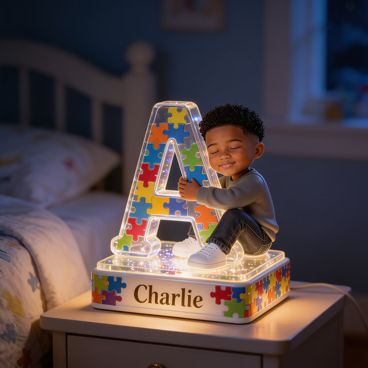 Personalized Black Little Boy Acrylic LED Night Light Kids Bedroom Decor Gift