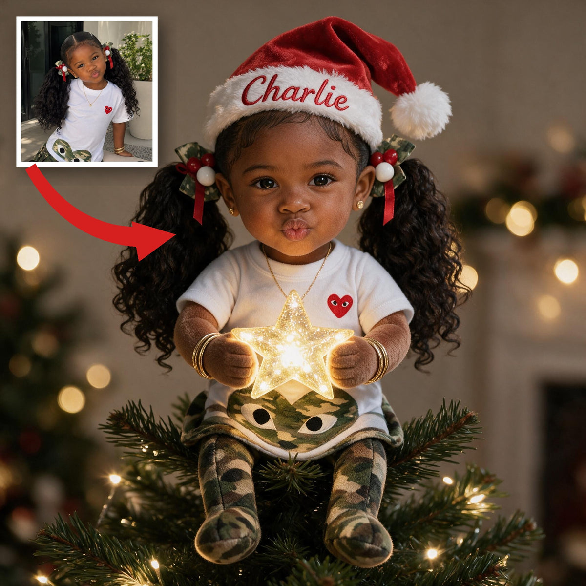 Personalized Christmas Black Little Girl LED Light Tree Topper for Daughter Granddaughter Niece