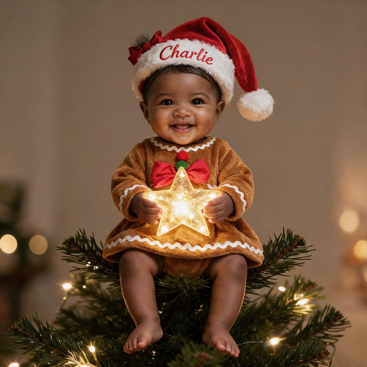 Personalized Christmas Black Christmas Baby Girl Gingerbread Costume LED Tree Topper