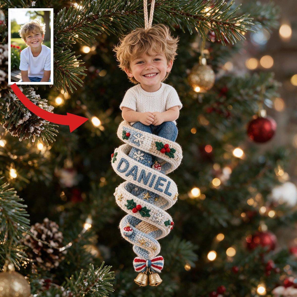 Custom Photo Christmas Little Boy Plush Ornament - Kid Holiday Gift for Son Grandson Nephew