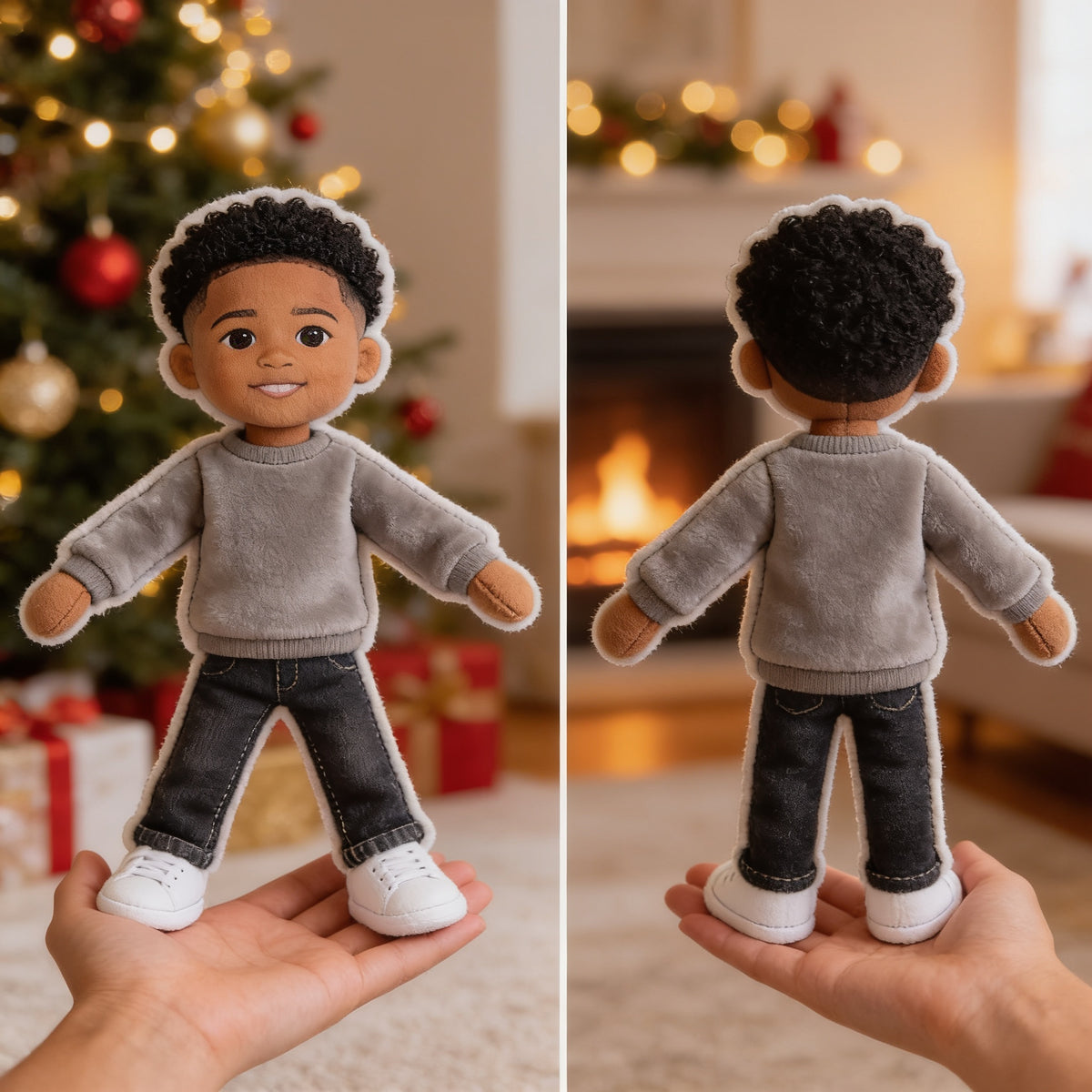 Custom Photo Black Little Boy Posable Plush Doll, Son Grandson Nephew Keepsake Gift