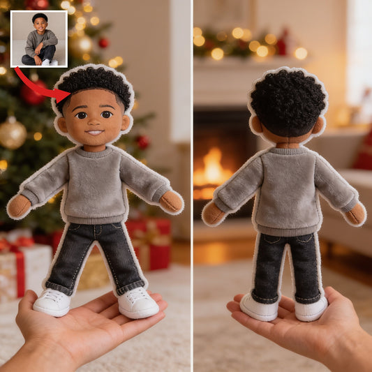 Custom Photo Black Little Boy Posable Plush Doll, Son Grandson Nephew Keepsake Gift