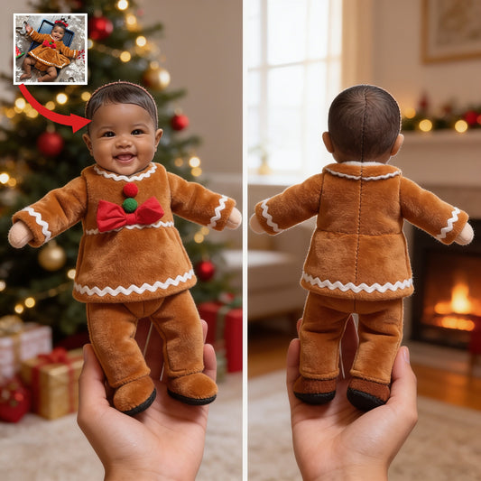 Custom Photo Christmas Black Christmas Baby Girl Gingerbread Costume Posable Plush Doll