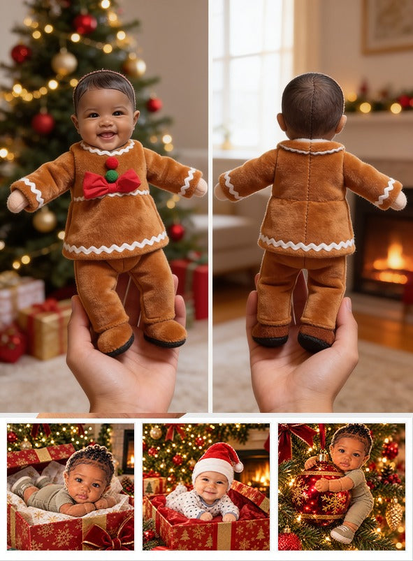 Custom Photo Christmas Black Christmas Baby Girl Gingerbread Costume Posable Plush Doll