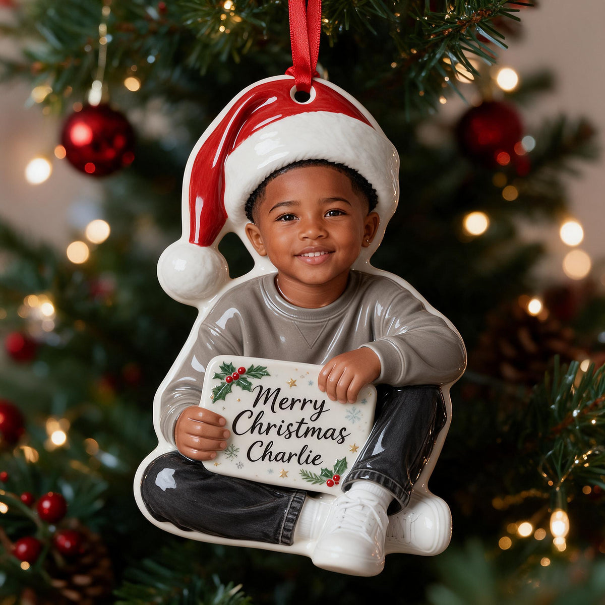 Personalized Christmas Black Little Boy 3D Ornament Custom Keepsake Gift