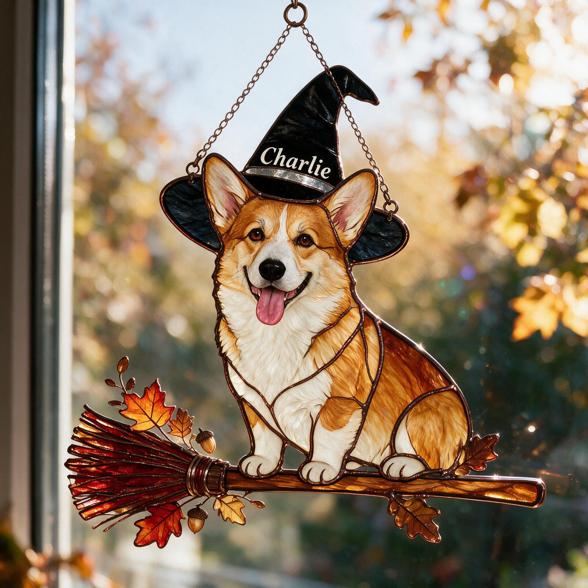 Personalized Halloween Tan and White Pembroke Welsh Corgi 3D Printed Glass Suncatcher