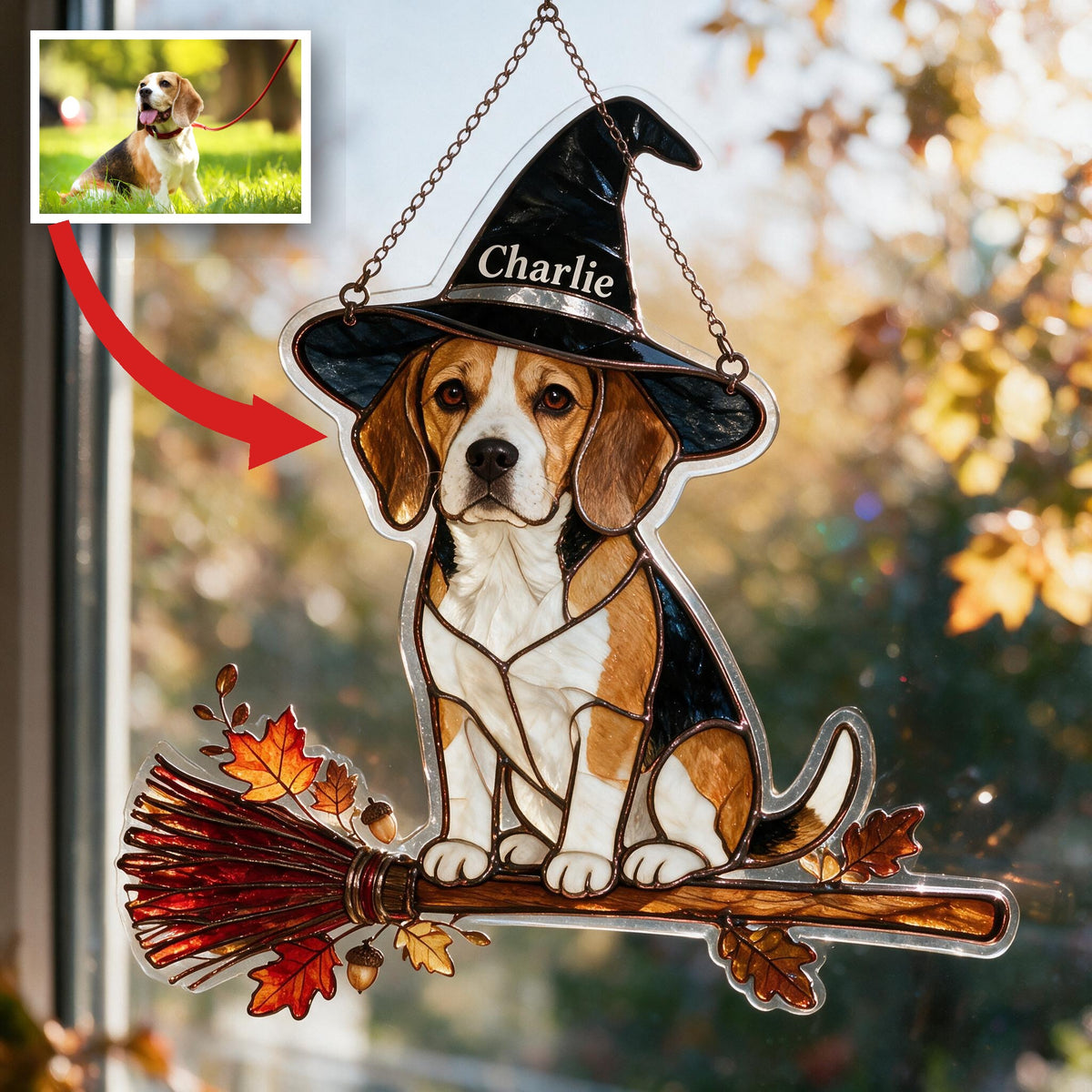 Personalized Halloween Tricolor Adult Beagle 3D Glass Suncatcher