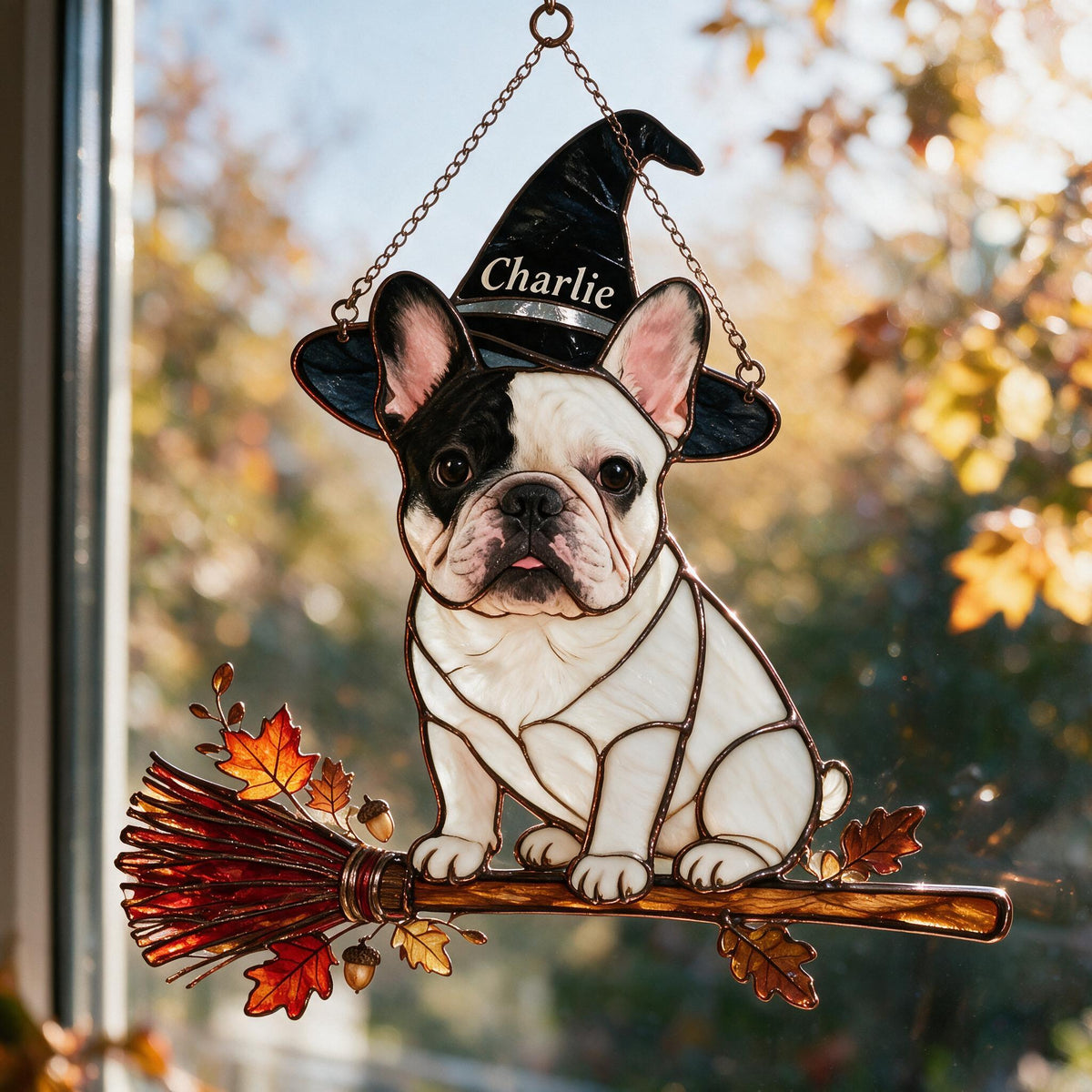 Personalized Halloween Black and White French Bulldog 3D Glass Suncatcher