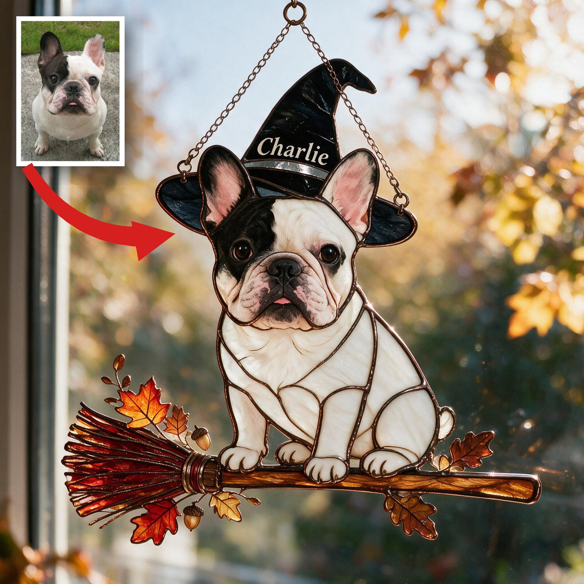 Personalized Halloween Black and White French Bulldog 3D Glass Suncatcher