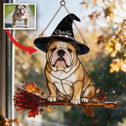 Personalized Halloween Fawn & White Bulldog 3D Printed Glass Suncatcher
