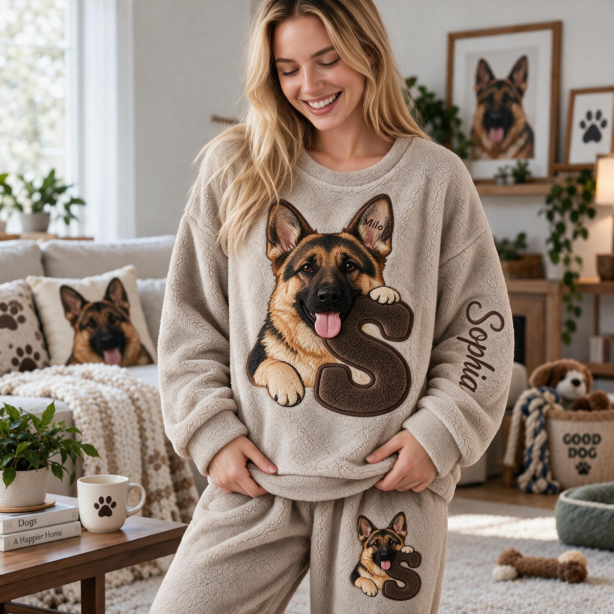 Personalized Black and Tan German Shepherd Fleece Lounge Set Dog Lover Gift