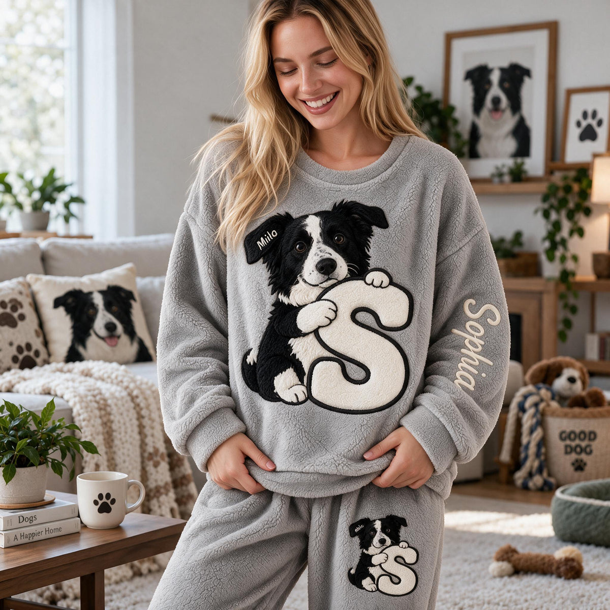 Personalized Black and White Border Collie Fleece Lounge Set Dog Lover Gift