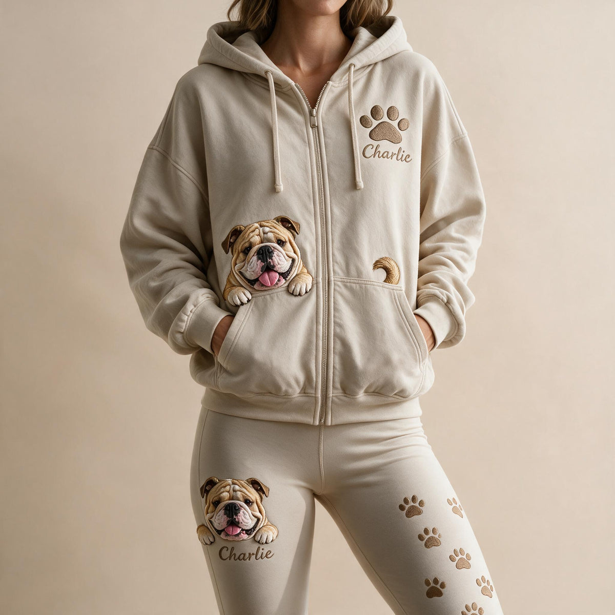 Personalized Fawn & White Adult Bulldog Zip Hoodie & Leggings Set Dog Owner Gift