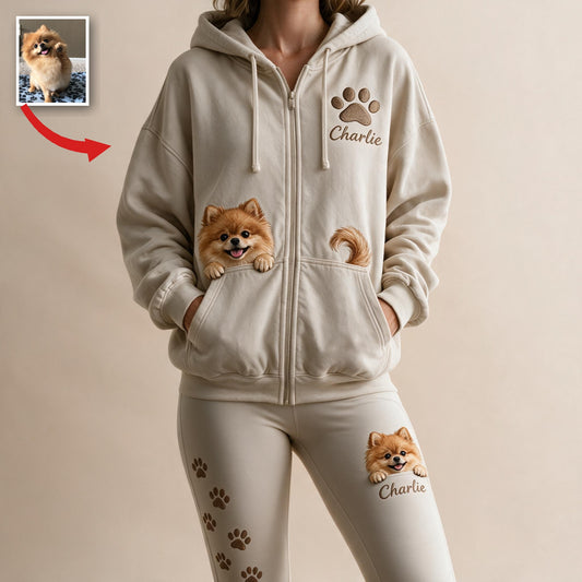 Personalized Fluffy Golden Tan Pomeranian Zip Hoodie & Leggings Loungewear Set