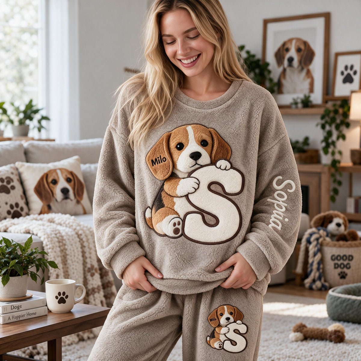 Personalized Tricolor Beagle Fleece Lounge Set Cozy Dog Owner Loungewear