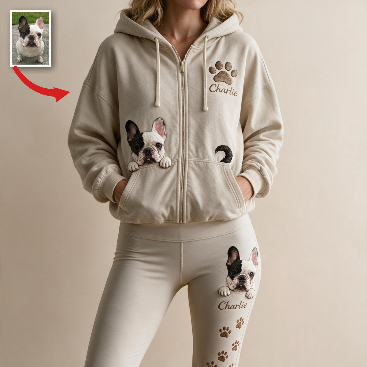 Personalized Black and White French Bulldog Zip Hoodie & Leggings Loungewear Set