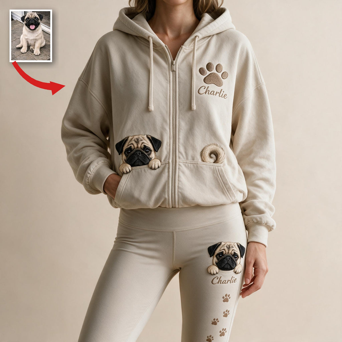Personalized Fawn Black Mask Pug Zip Hoodie & Leggings Loungewear Set