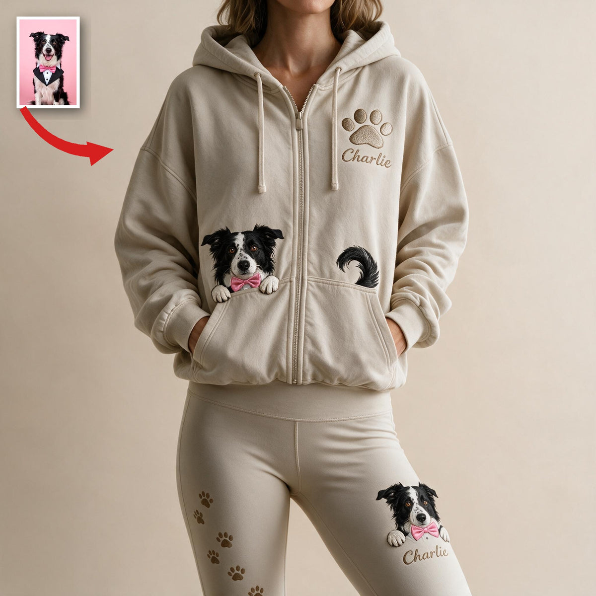 Personalized Black and White Border Collie Zip Hoodie & Leggings Loungewear Set