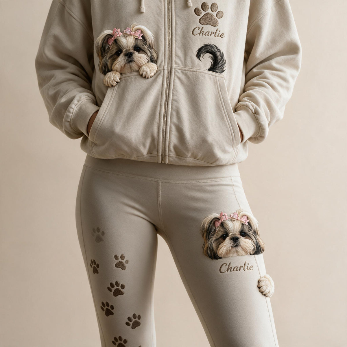 Personalized Fluffy Shih Tzu Zip Hoodie & Leggings Loungewear Set