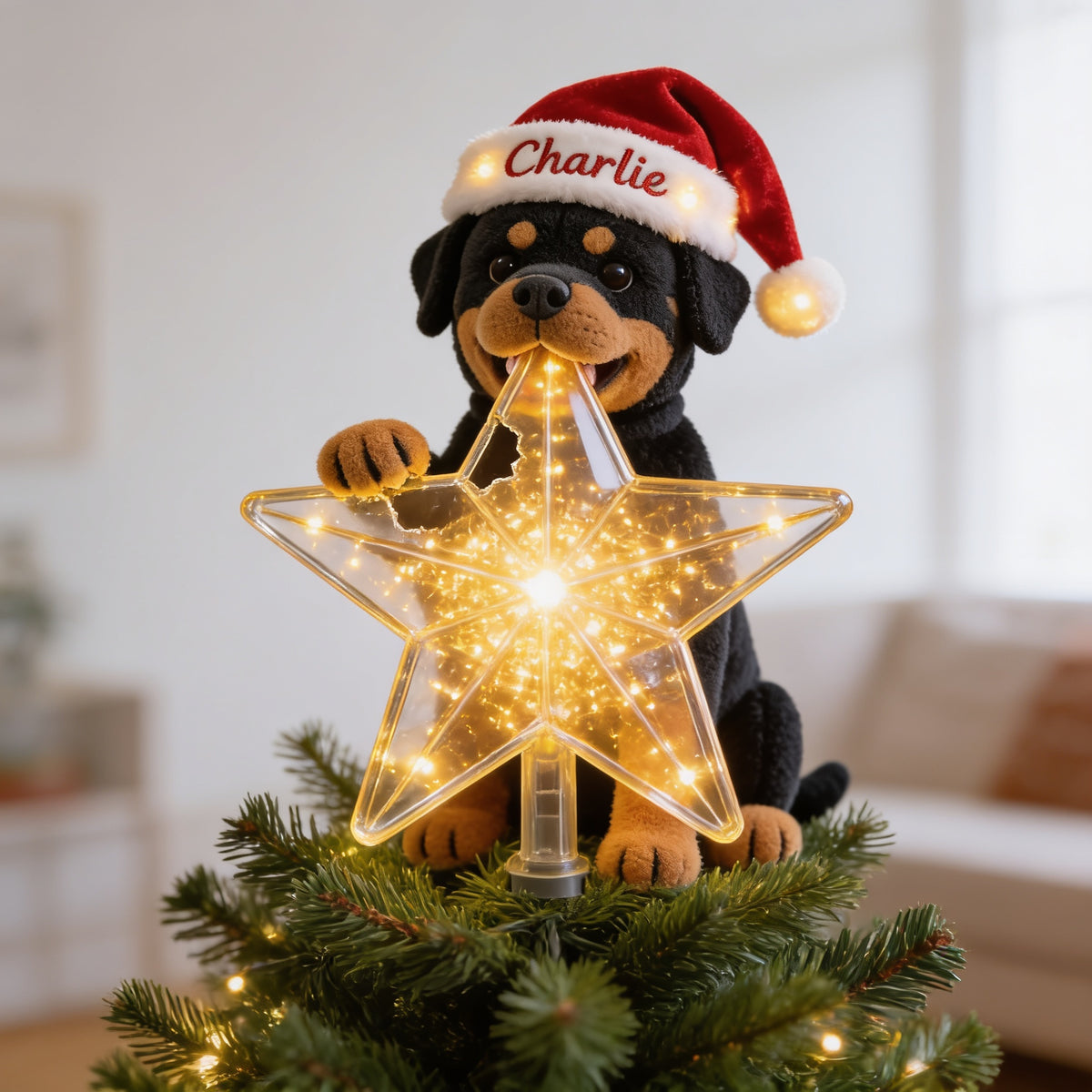 Personalized Christmas Black and Tan Rottweiler LED Light Tree Topper Dog Lover Gift