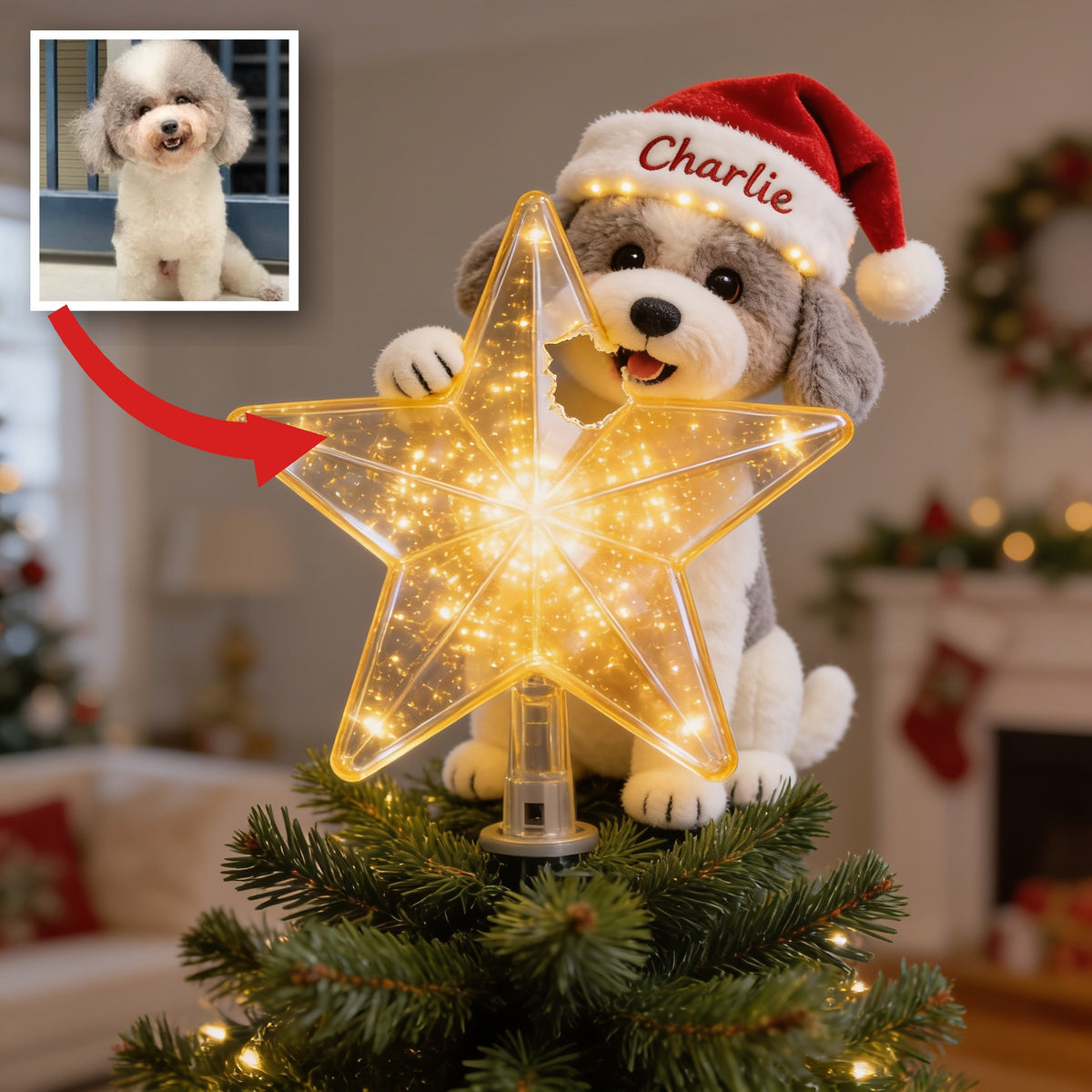 Personalized Christmas Curly Fur Poodle LED Light Tree Topper Dog Lover Gift
