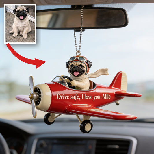 Custom Photo Pug Pilot Car Ornament, Dog Lover Gift