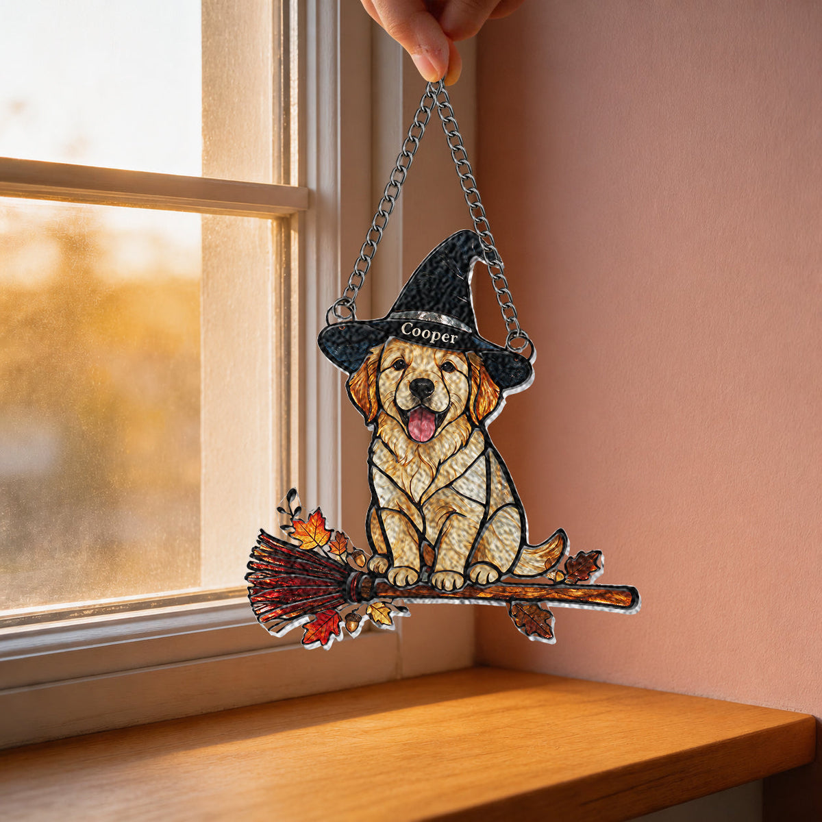 Personalized Halloween Fawn White Chihuahua Puppy 3D Glass Suncatcher