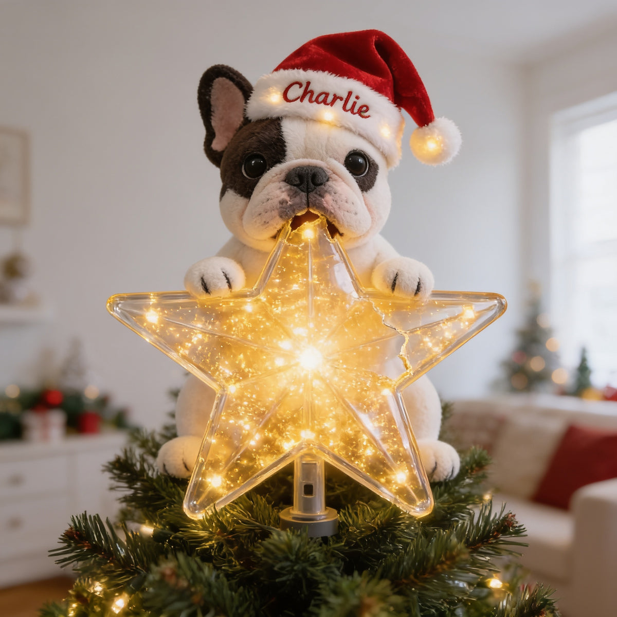 Personalized Christmas Black and White French Bulldog LED Tree Topper Dog Lover Gift